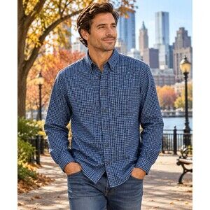 St. John's Bay Men's M 15/33 Blue Plaid Jaspe' Twill Cotton LS Shirt Casual GUC
